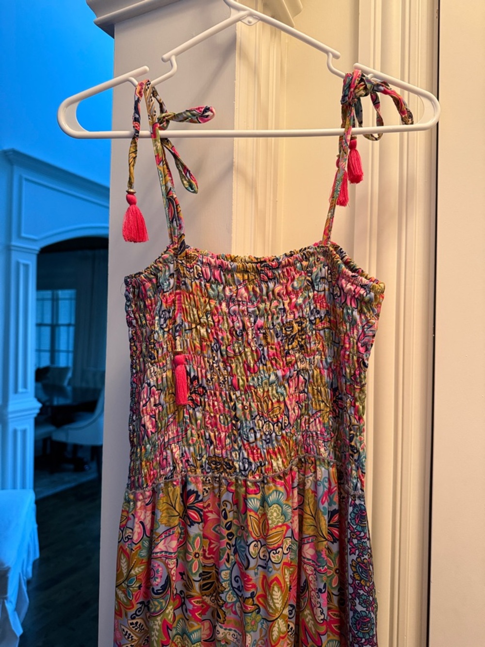 fab'rik Multicolor Floral Maxi Dress with Pink Tassels. Boho style anthro vibes